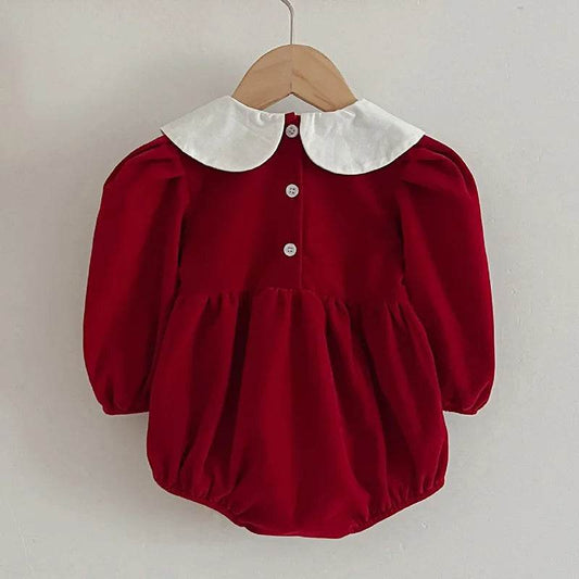 Autumn Cozy Soft Cotton Sweet Solid Color Long Sleeve Rompers With Peter Pan Collar For Baby Girls - ToylandEU