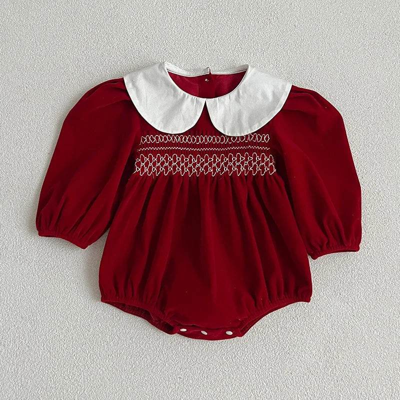 Autumn Cozy Soft Cotton Sweet Solid Color Long Sleeve Rompers With Peter Pan Collar For Baby Girls - ToylandEU