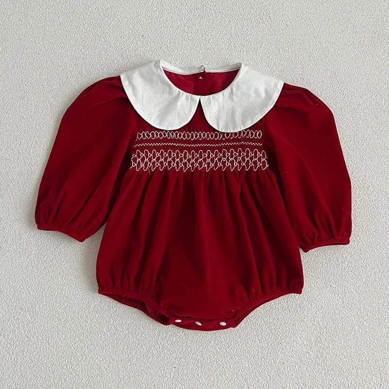 Autumn Cozy Soft Cotton Sweet Solid Color Long Sleeve Rompers With Peter Pan Collar For Baby Girls - ToylandEU