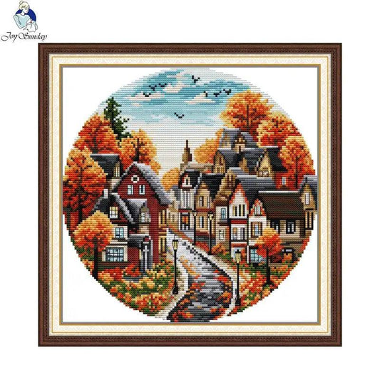 Autumn Streets Cross Stitch Kit by Joy Sunday - Aida Fabric Sewing Set for DIY Home Decor and Gifts - ToylandEU