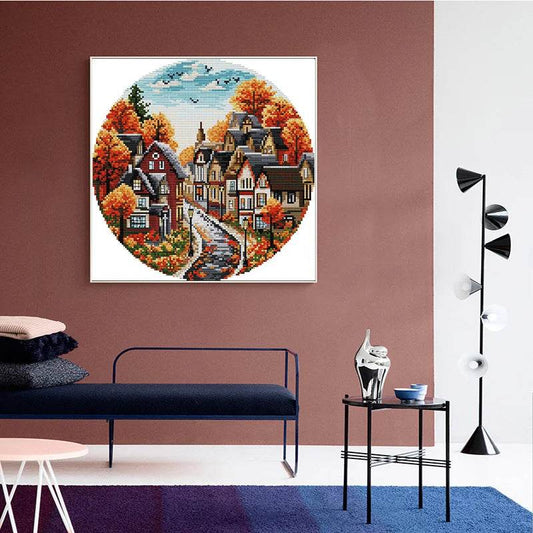 Autumn Streets Cross Stitch Kit by Joy Sunday - Aida Fabric Sewing Set for DIY Home Decor and Gifts - ToylandEU