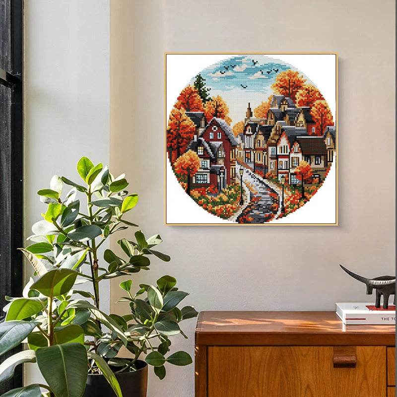 Autumn Streets Cross Stitch Kit by Joy Sunday - Aida Fabric Sewing Set for DIY Home Decor and Gifts - ToylandEU