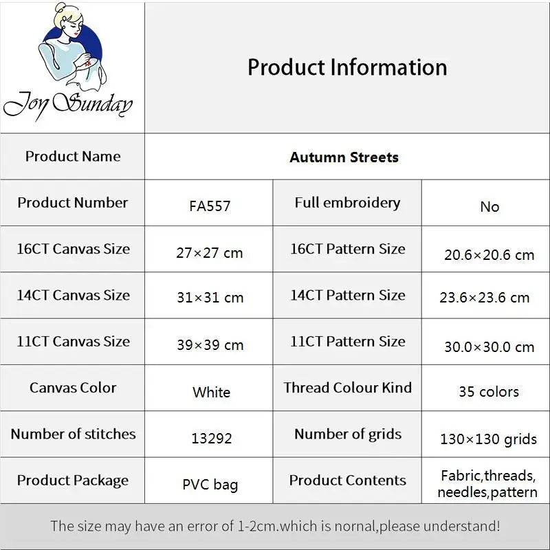 Autumn Streets Cross Stitch Kit by Joy Sunday - Aida Fabric Sewing Set for DIY Home Decor and Gifts - ToylandEU