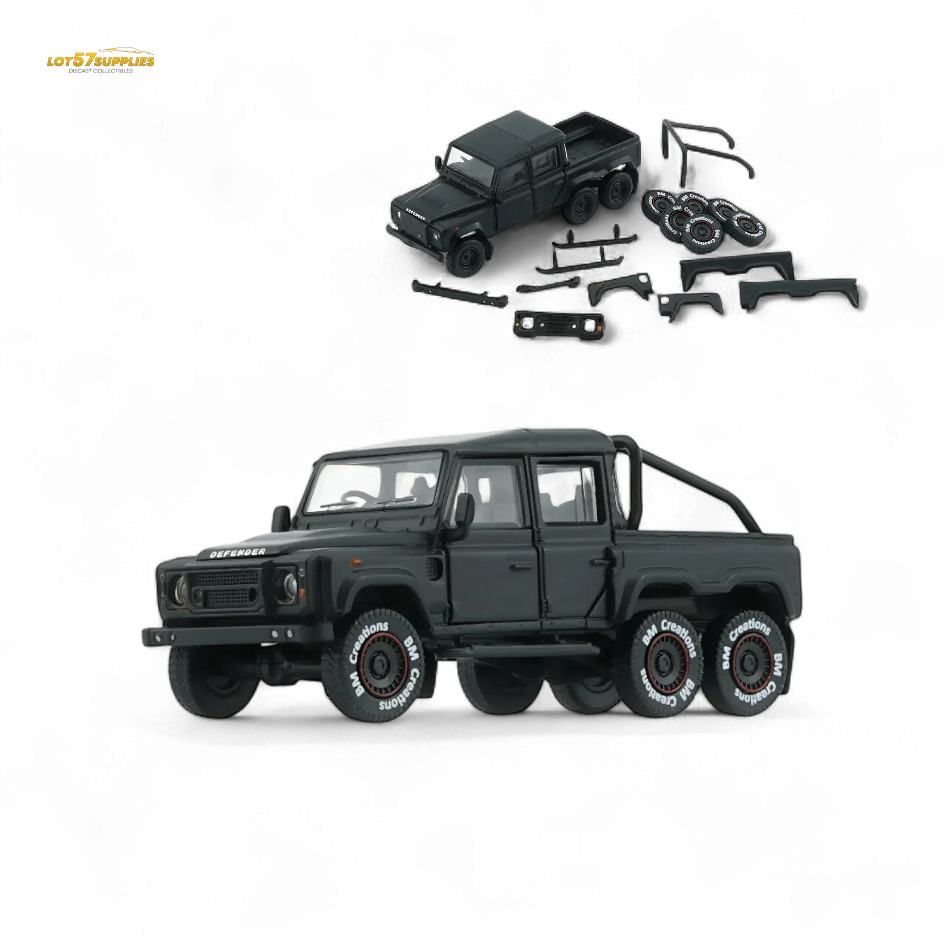 BM Creations 2016 Land Rover Defender 110 Pick Up 6x6 Off Road Matte Blk RHD 1:64 - ToylandEU