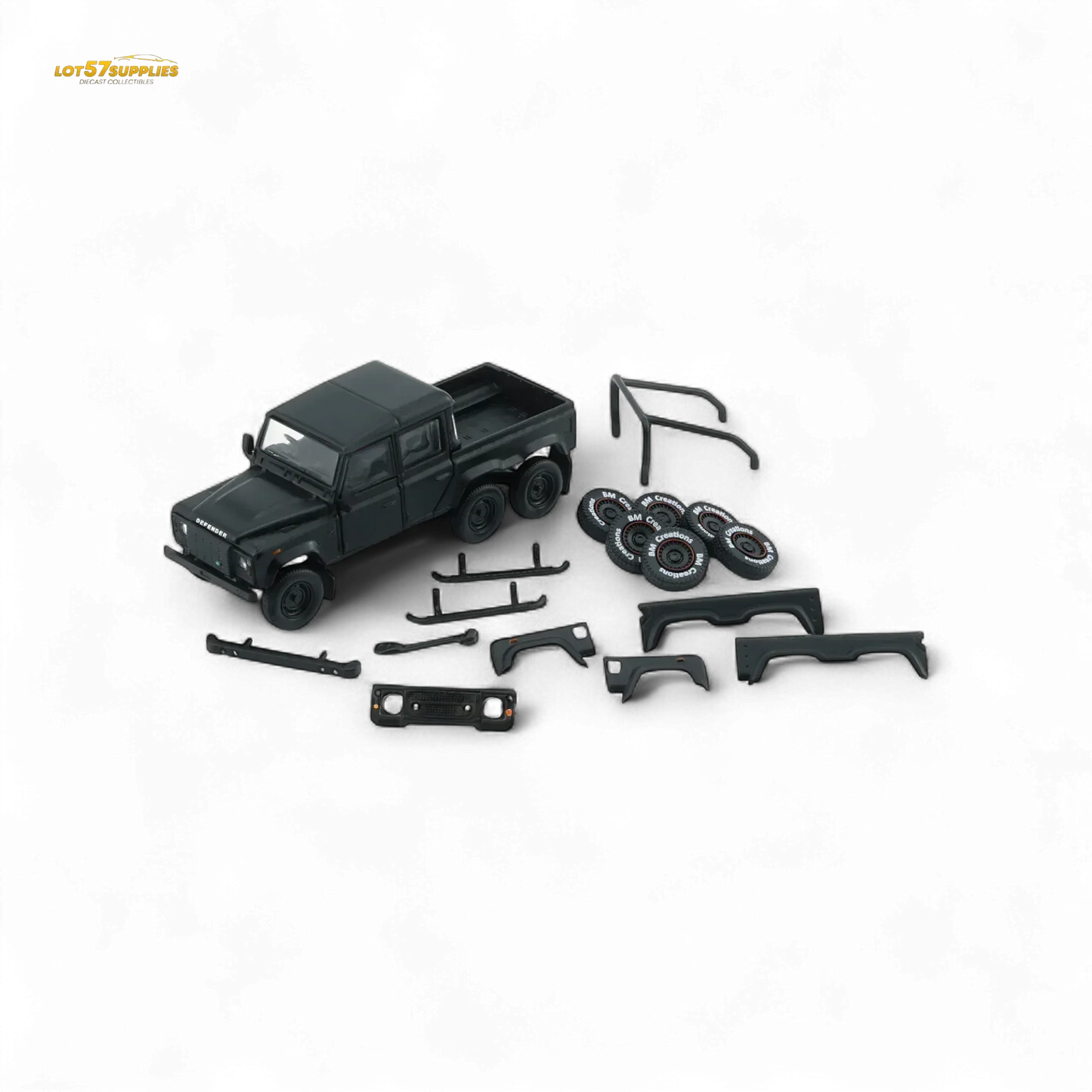 BM Creations 2016 Land Rover Defender 110 Pick Up 6x6 Off Road Matte Blk RHD 1:64 - ToylandEU