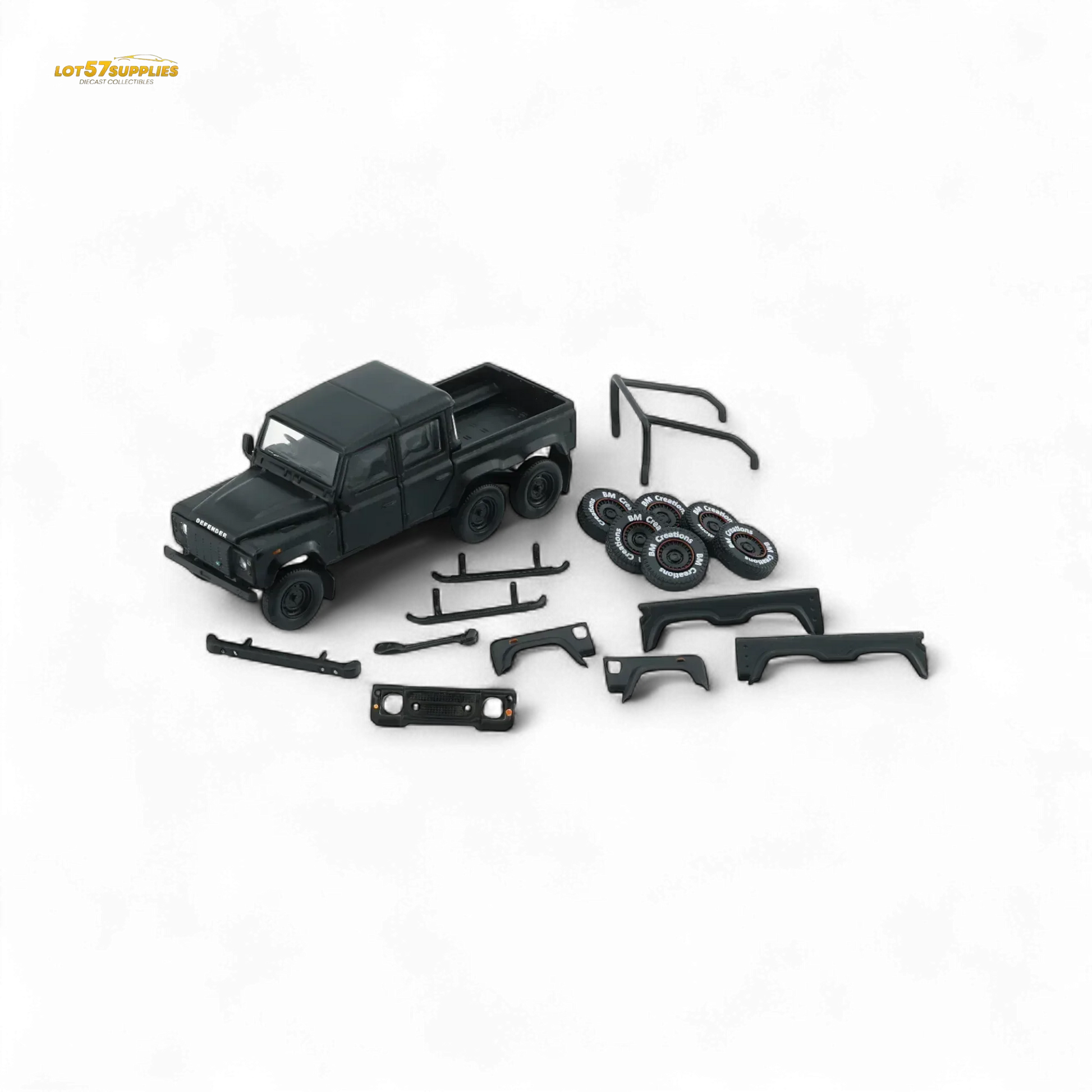 BM Creations 2016 Land Rover Defender 110 Pick Up 6x6 Off Road Matte Blk RHD 1:64 - ToylandEU