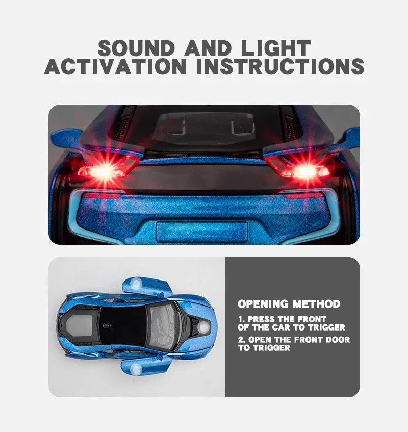 BMW I8 1:32 Diecast Alloy Model Car With Sound And Light Pull Back Toy - ToylandEU