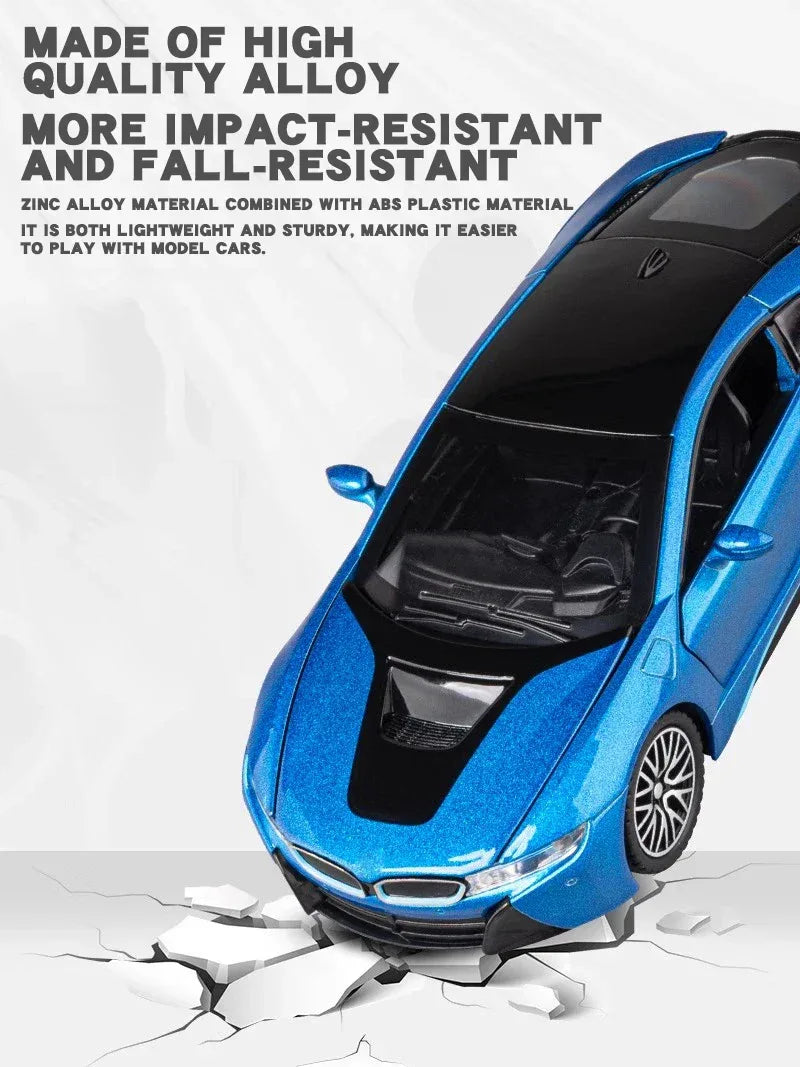 BMW I8 1:32 Diecast Alloy Model Car With Sound And Light Pull Back Toy - ToylandEU
