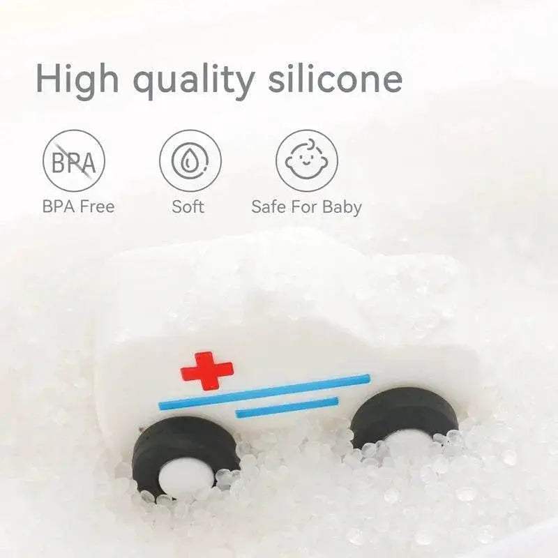 Baby BPA Free Silicone Car Ambulance Toys Wooden Cartoon Bus Teether Educational Montessori Toys For Children - ToylandEU