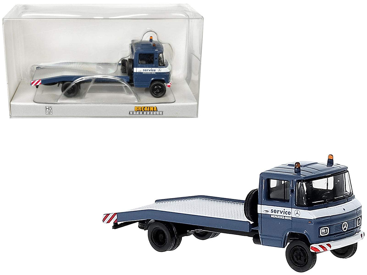 1968 Mercedes-Benz L 608 D Flatbed Truck Blue with White Stripes | 1/87 Diecast Model Truck | Brekina | Mercedes-Benz Service Series
