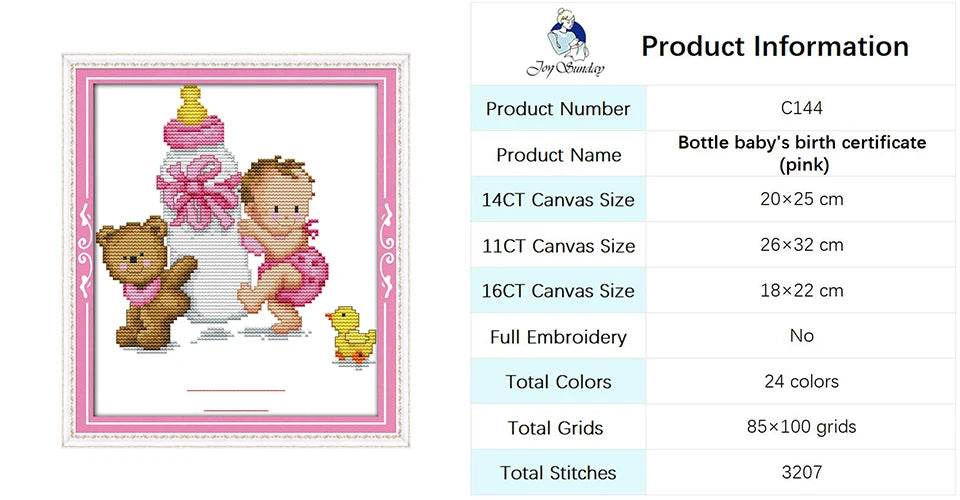 Baby Bottle Themed Cross Stitch Embroidery Kit - 14ct, 16ct, 11ct Printed Canvas Fabric for DIY Hand Sewing and Birth Certificates - ToylandEU