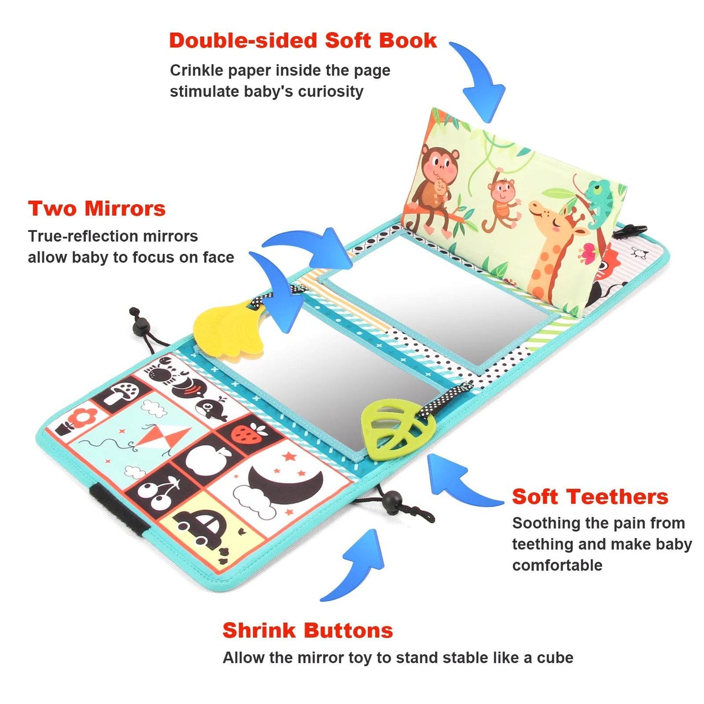 Baby Cloth Book with Distorting Mirror Soft Cartoon Parent Child Interactive Sensory Educational Montessori Toy - ToylandEU