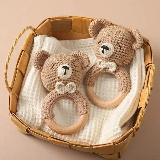 Baby Crochet Bear Rattle Toy 10 cm Cube Wooden Elements Unisex 0-36 Months Montessori -  ToylandEU™