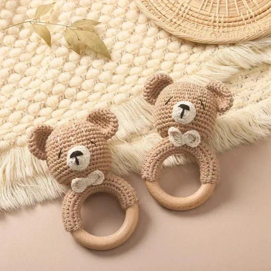 Baby Crochet Bear Rattle Toy 10 cm Cube Wooden Elements Unisex 0-36 Months Montessori -  ToylandEU™