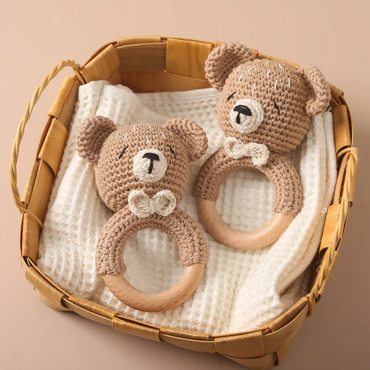 Baby Crochet Bear Rattle Toy 10 cm Cube Wooden Elements Unisex 0-36 Months Montessori - ToylandEU