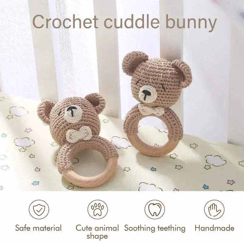  Baby Crochet Bear Rattle Toy 10 cm Cube Wooden Elements Unisex 0-36 Months Montessori -  ToylandEU™