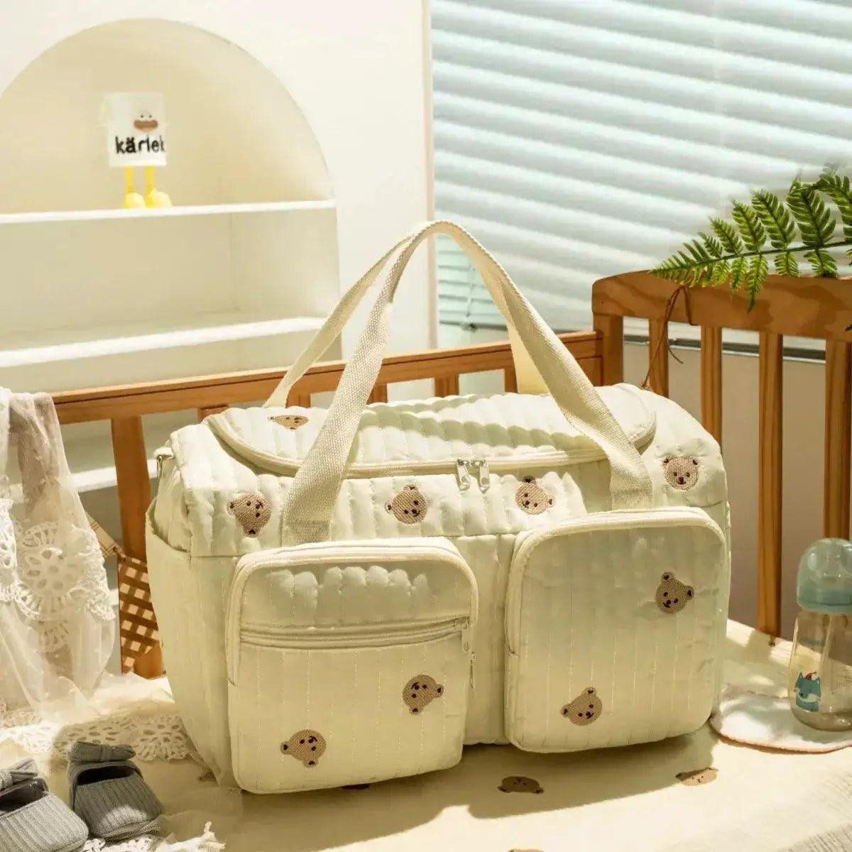 Baby Diaper Bag Cute Bear Flower Embroidery Pattern Mommy Bag Baby Beige Cotton Fabric Zipper Diaper Handbag New Luggage Bag -  ToylandEU™