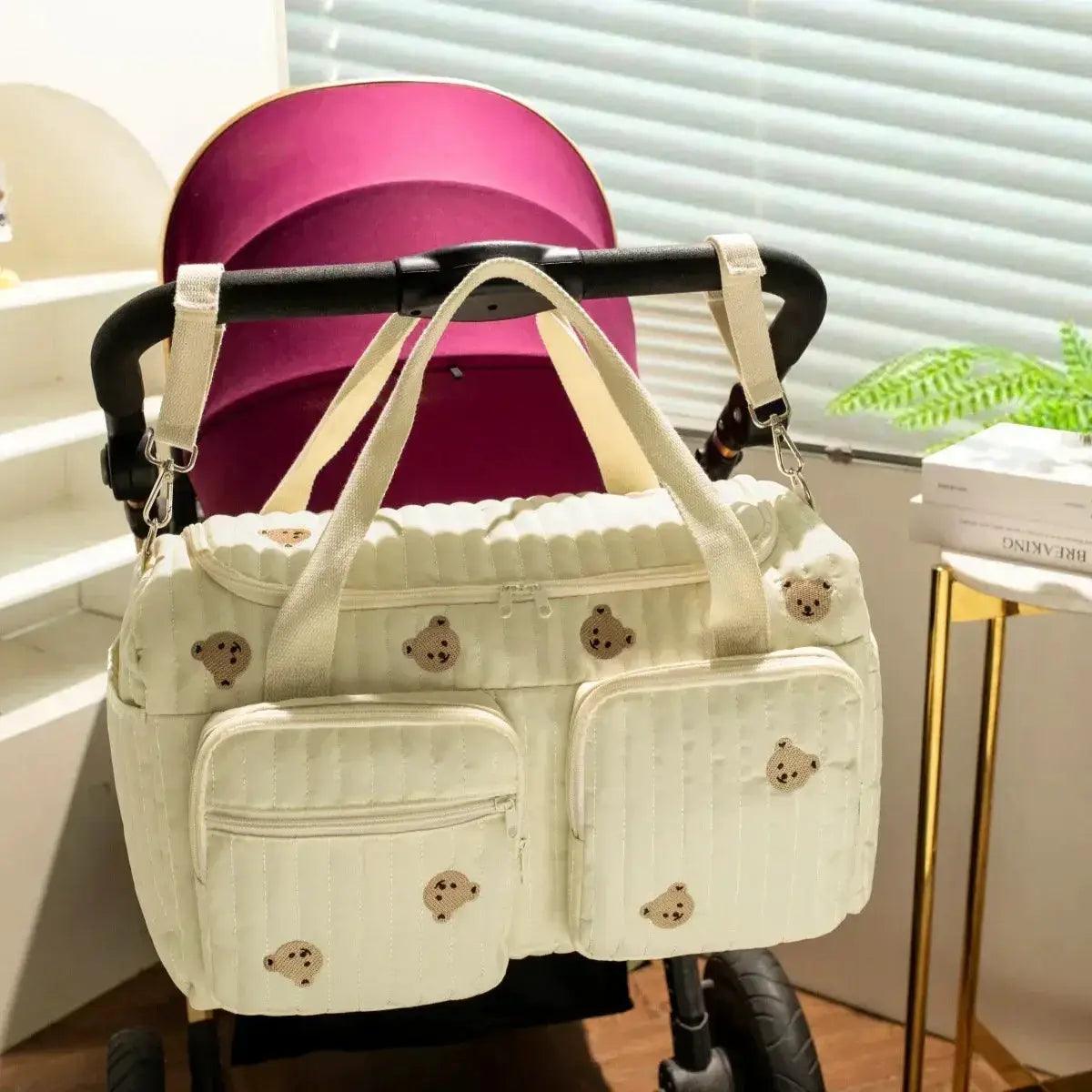  Baby Diaper Bag Cute Bear Flower Embroidery Pattern Mommy Bag Baby Beige Cotton Fabric Zipper Diaper Handbag New Luggage Bag -  ToylandEU™