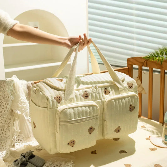 Baby Diaper Bag Cute Bear Flower Embroidery Pattern Mommy Bag Baby Beige Cotton Fabric Zipper Diaper Handbag New Luggage Bag - ToylandEU