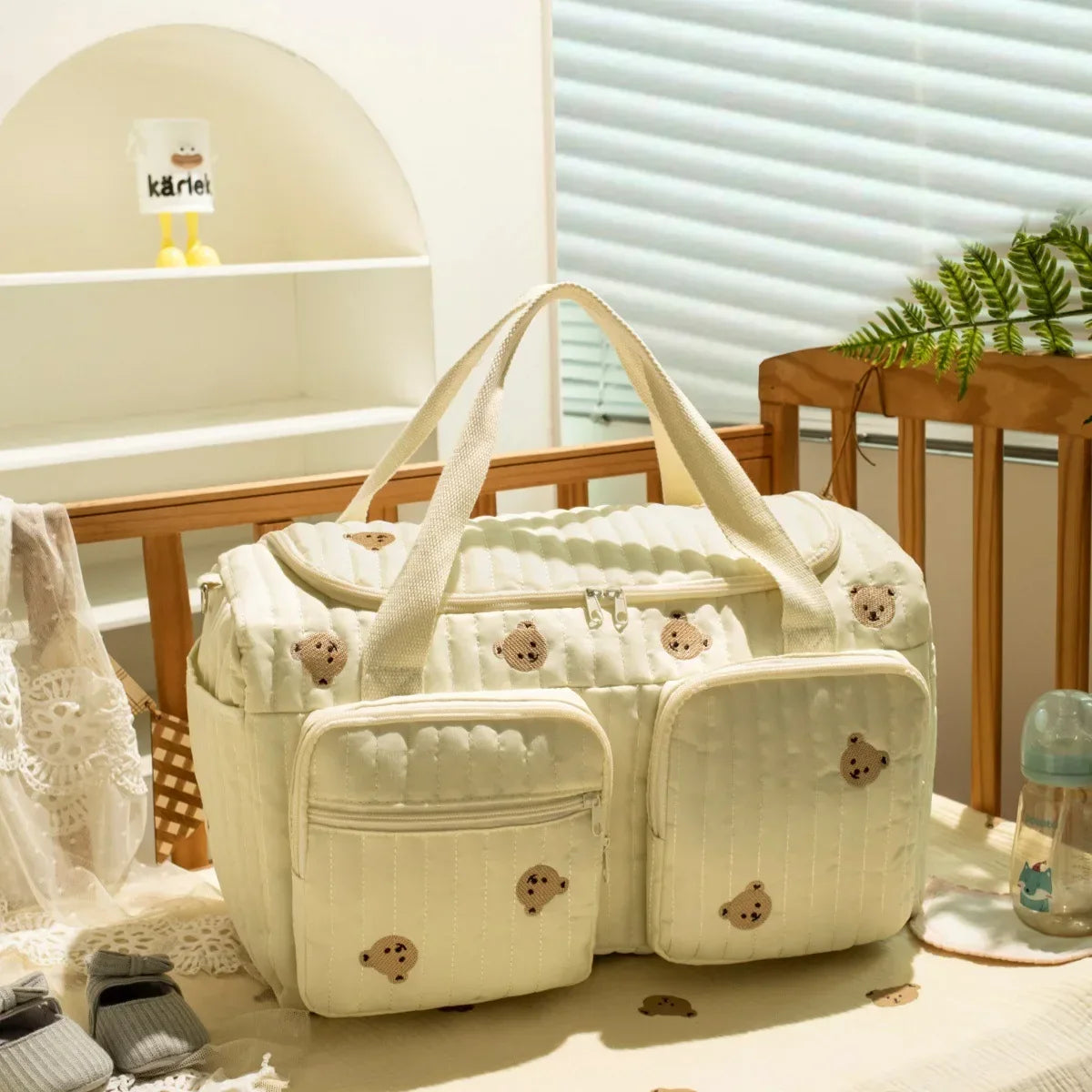 Baby Diaper Bag Cute Bear Flower Embroidery Pattern Mommy Bag Baby Beige Cotton Fabric Zipper Diaper Handbag New Luggage Bag - ToylandEU