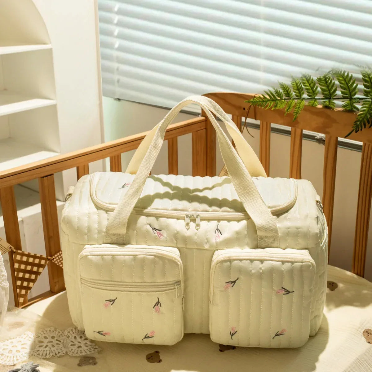 Baby Diaper Bag Cute Bear Flower Embroidery Pattern Mommy Bag Baby Beige Cotton Fabric Zipper Diaper Handbag New Luggage Bag - ToylandEU