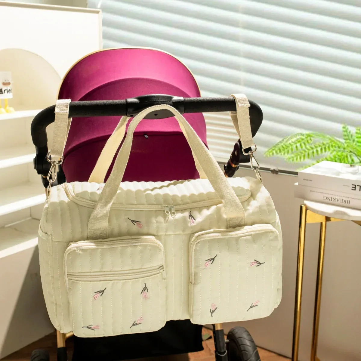 Baby Diaper Bag Cute Bear Flower Embroidery Pattern Mommy Bag Baby Beige Cotton Fabric Zipper Diaper Handbag New Luggage Bag - ToylandEU