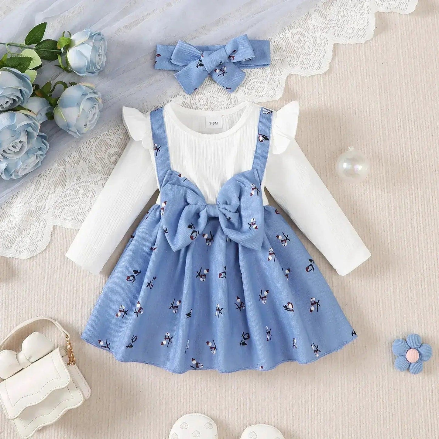  Baby Dress Blue Bow Soft Crushed Fabric Long Sleeve -  ToylandEU™
