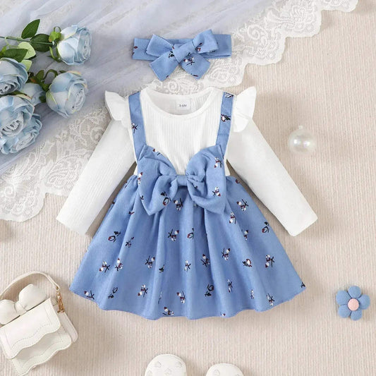  Baby Dress Blue Bow Soft Crushed Fabric Long Sleeve -  ToylandEU™