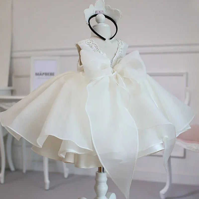 Baby Dress With Lace Bow Tutu For Christening And Birthday Party - ToylandEU