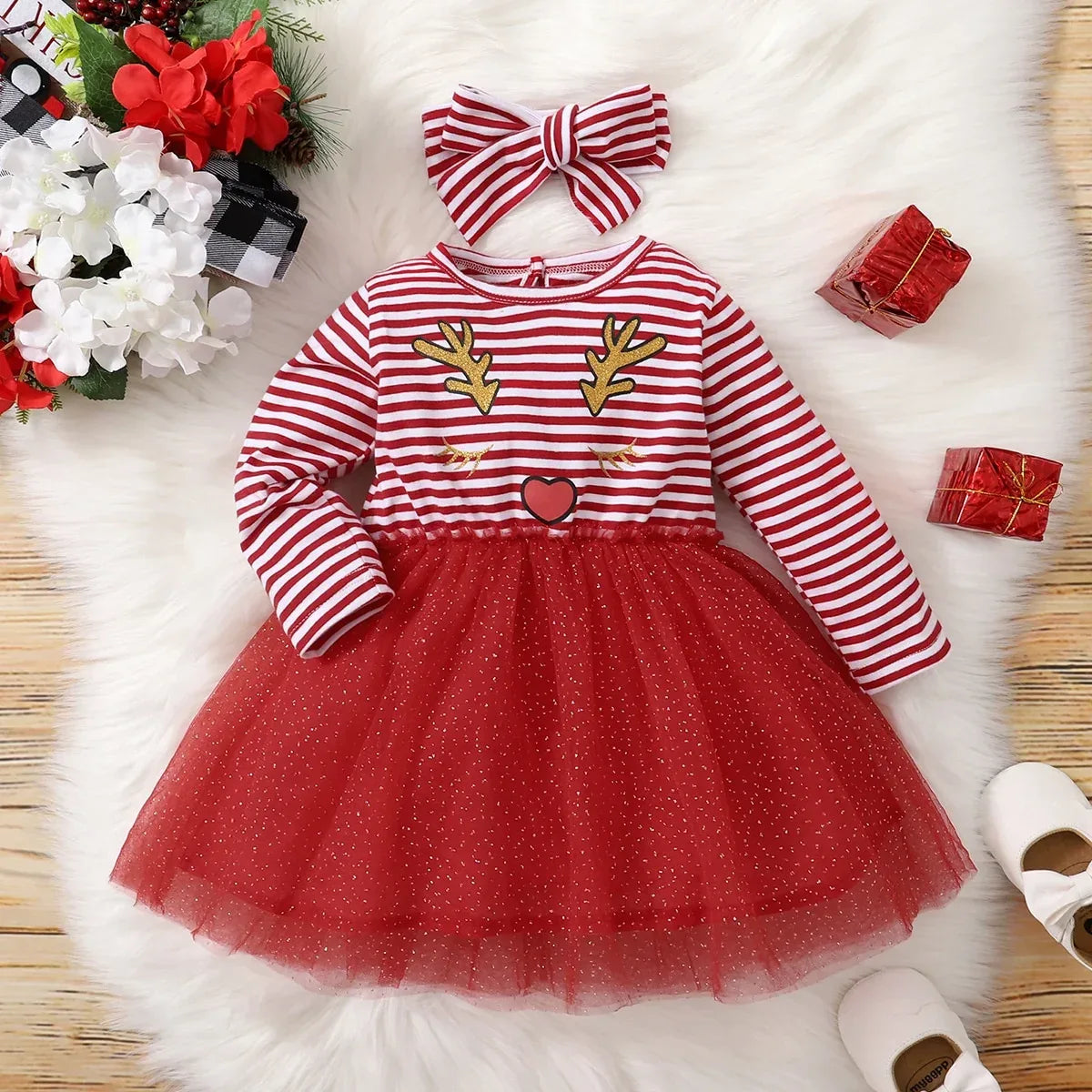 Baby Girl Christmas Deer Dress With Red Striped Mesh Sleeves - ToylandEU