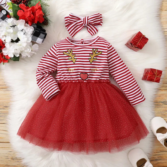 Baby Girl Christmas Deer Dress With Red Striped Mesh Sleeves - ToylandEU