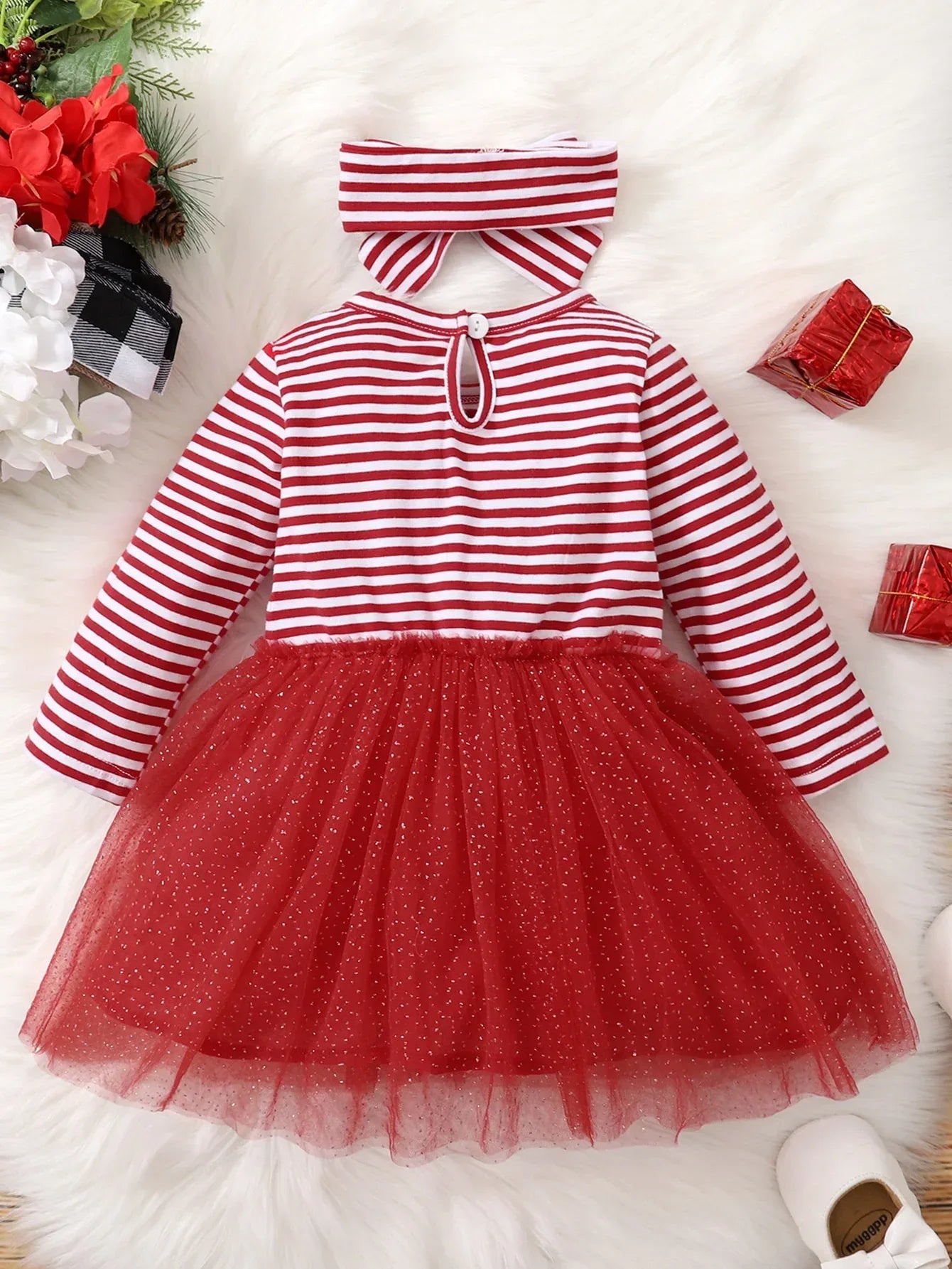 Baby Girl Christmas Deer Dress With Red Striped Mesh Sleeves - ToylandEU