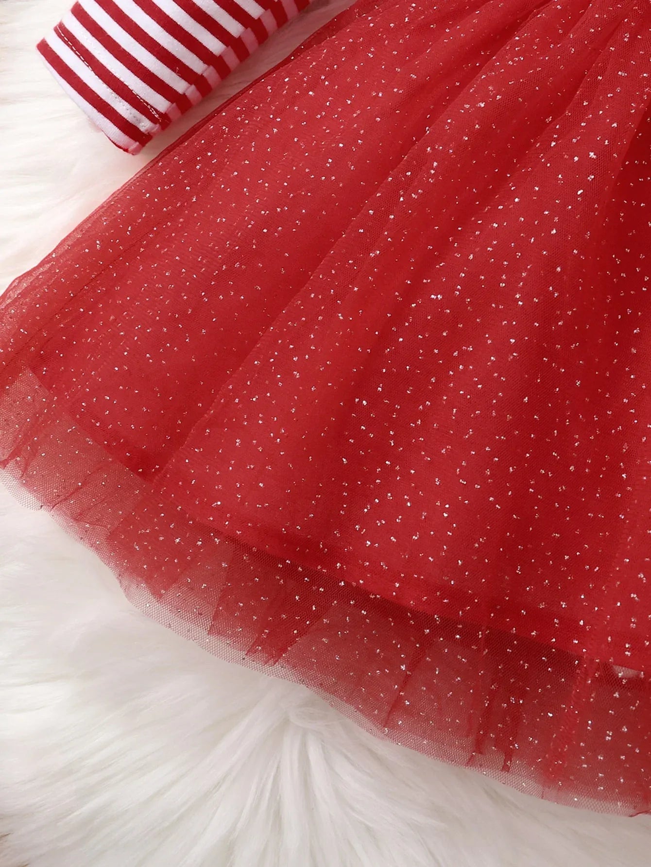 Baby Girl Christmas Deer Dress With Red Striped Mesh Sleeves - ToylandEU