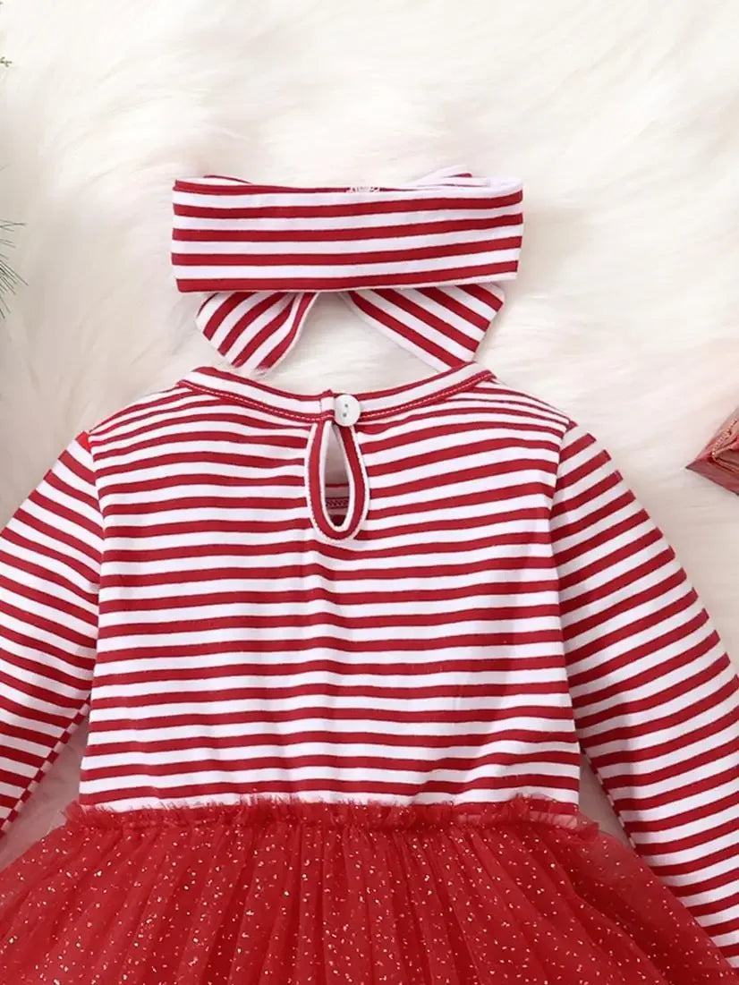Baby Girl Christmas Deer Dress With Red Striped Mesh Sleeves - ToylandEU