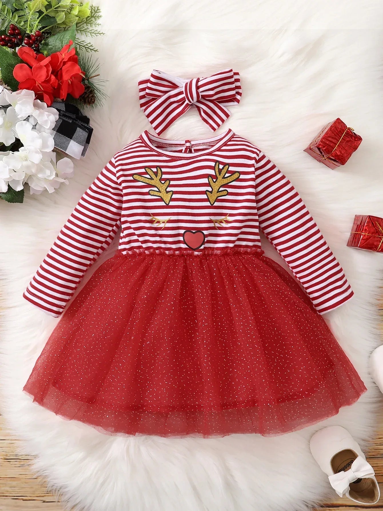Baby Girl Christmas Deer Dress With Red Striped Mesh Sleeves - ToylandEU