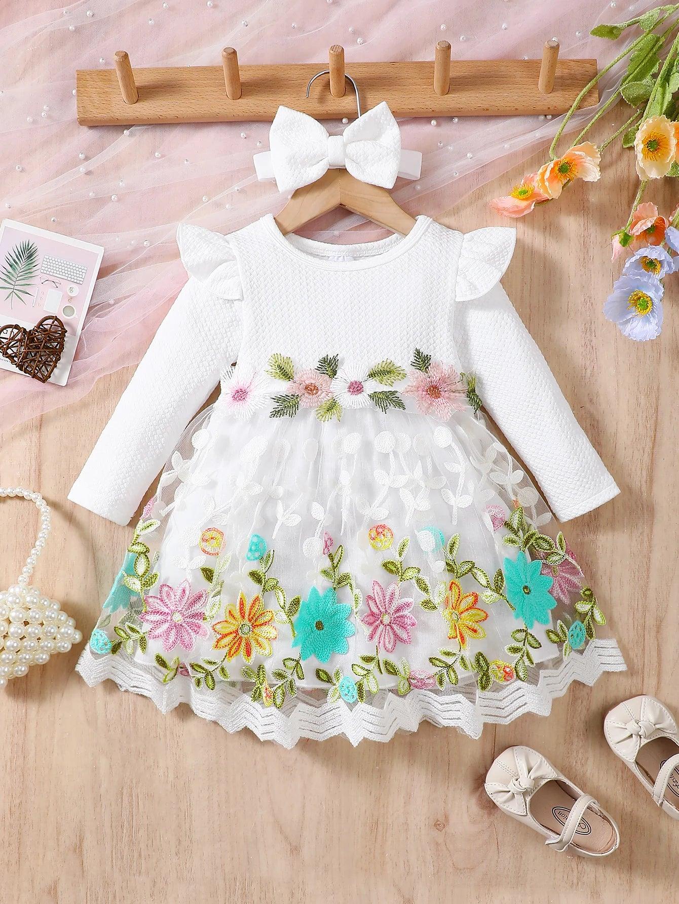 Baby Girl Dress With 3D Embroidered Flowers Knit Texture - ToylandEU