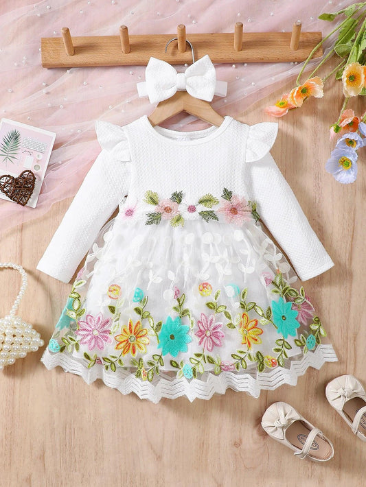 Baby Girl Dress With 3D Embroidered Flowers Knit Texture - ToylandEU