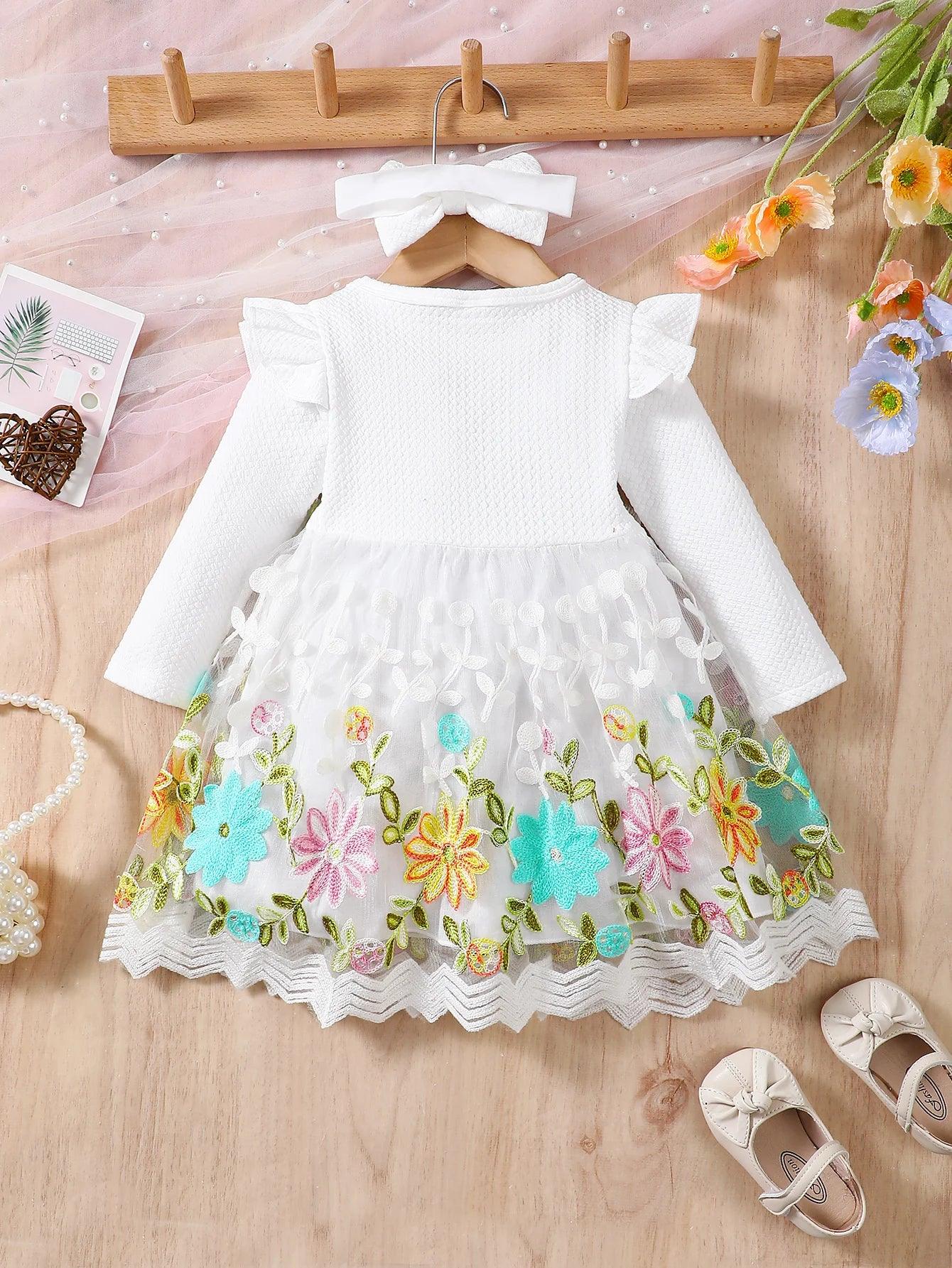 Baby Girl Dress With 3D Embroidered Flowers Knit Texture - ToylandEU