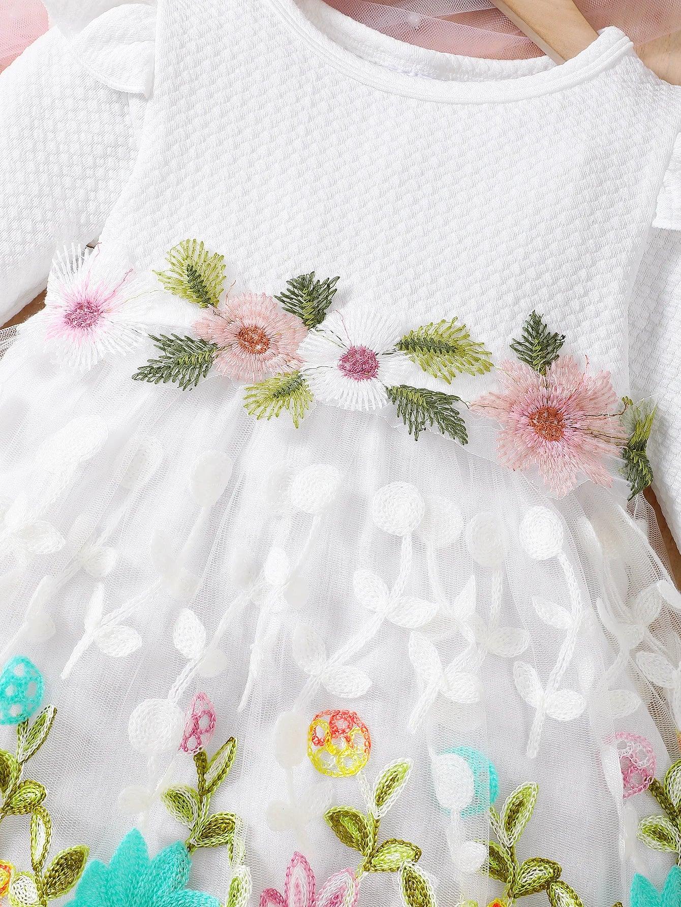 Baby Girl Dress With 3D Embroidered Flowers Knit Texture - ToylandEU