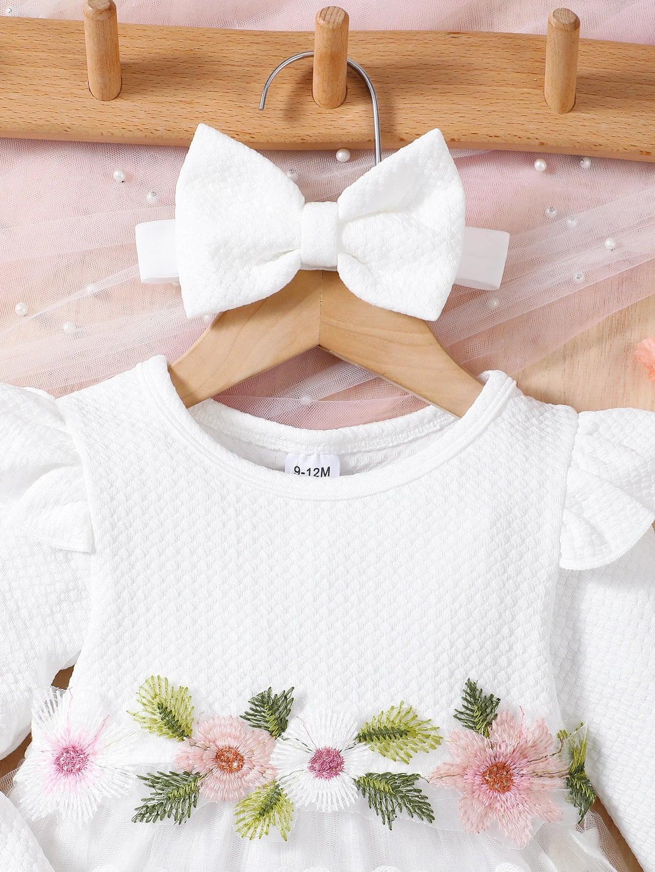Baby Girl Dress With 3D Embroidered Flowers Knit Texture - ToylandEU