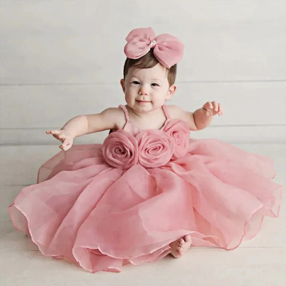 Baby Girl Dress With Big Flower Pink Birthday Baptism - ToylandEU
