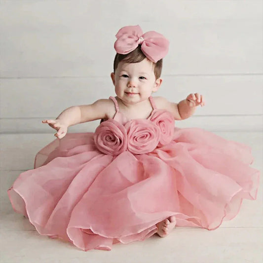 Baby Girl Dress With Big Flower Pink Birthday Baptism - ToylandEU