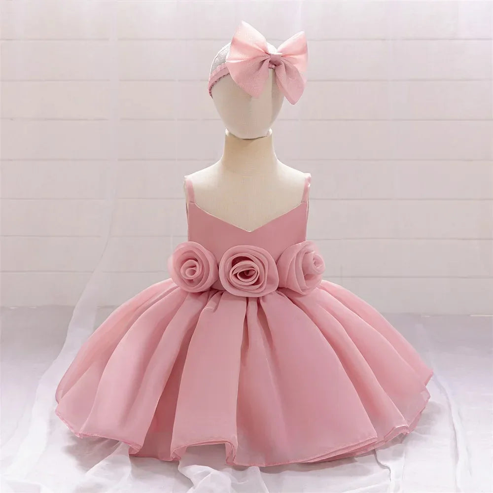 Baby Girl Dress With Big Flower Pink Birthday Baptism - ToylandEU