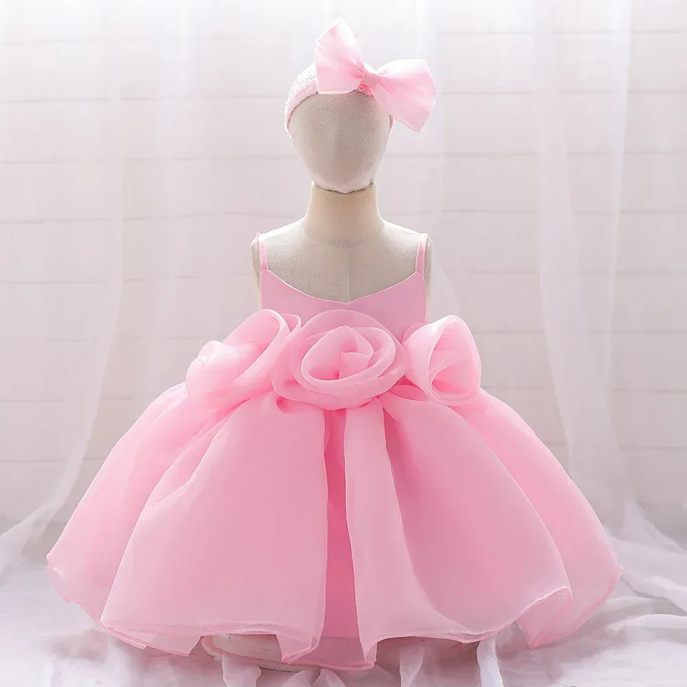 Baby Girl Dress With Big Flower Pink Birthday Baptism - ToylandEU