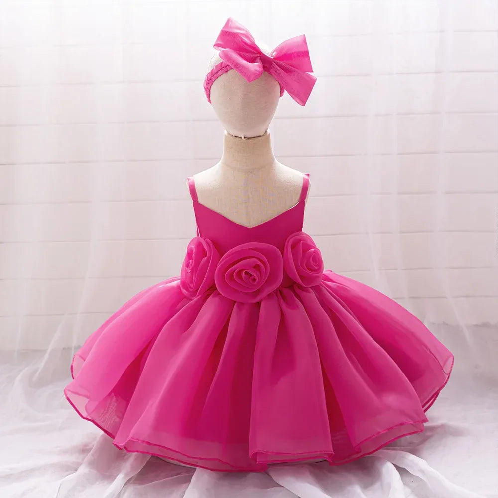 Baby Girl Dress With Big Flower Pink Birthday Baptism - ToylandEU