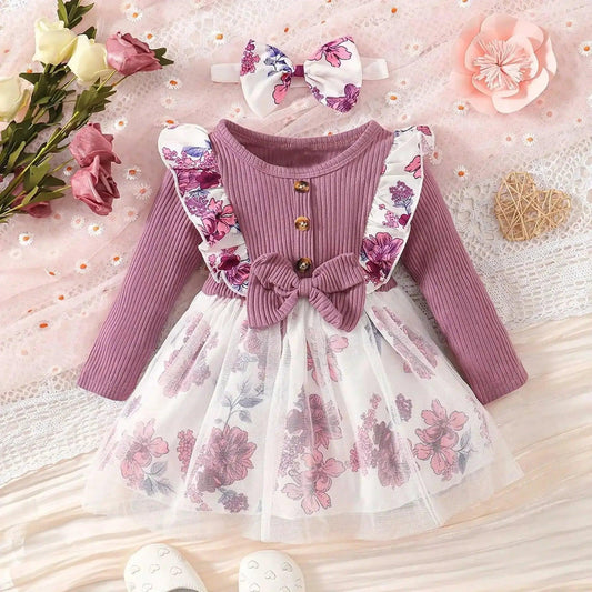  Baby Girl Long Sleeve Dress Purple Printed Soft Cotton -  ToylandEU™