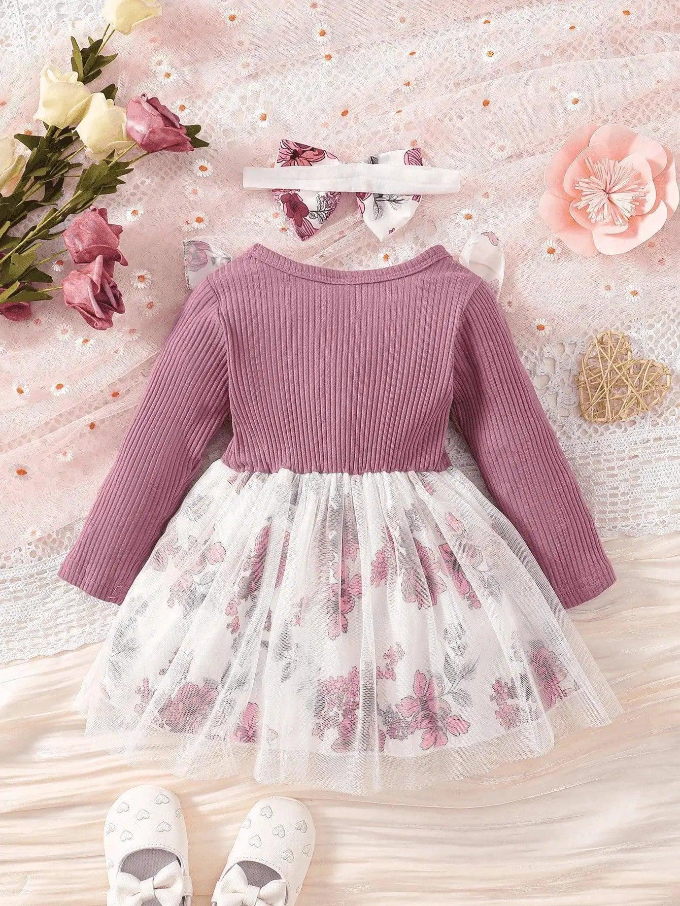  Baby Girl Long Sleeve Dress Purple Printed Soft Cotton -  ToylandEU™