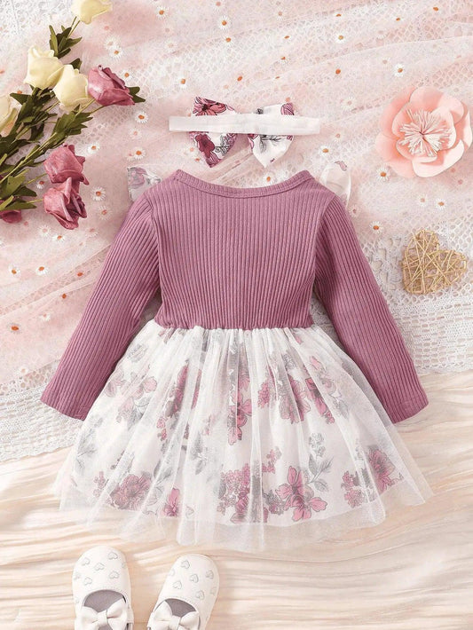  Baby Girl Long Sleeve Dress Purple Printed Soft Cotton -  ToylandEU™