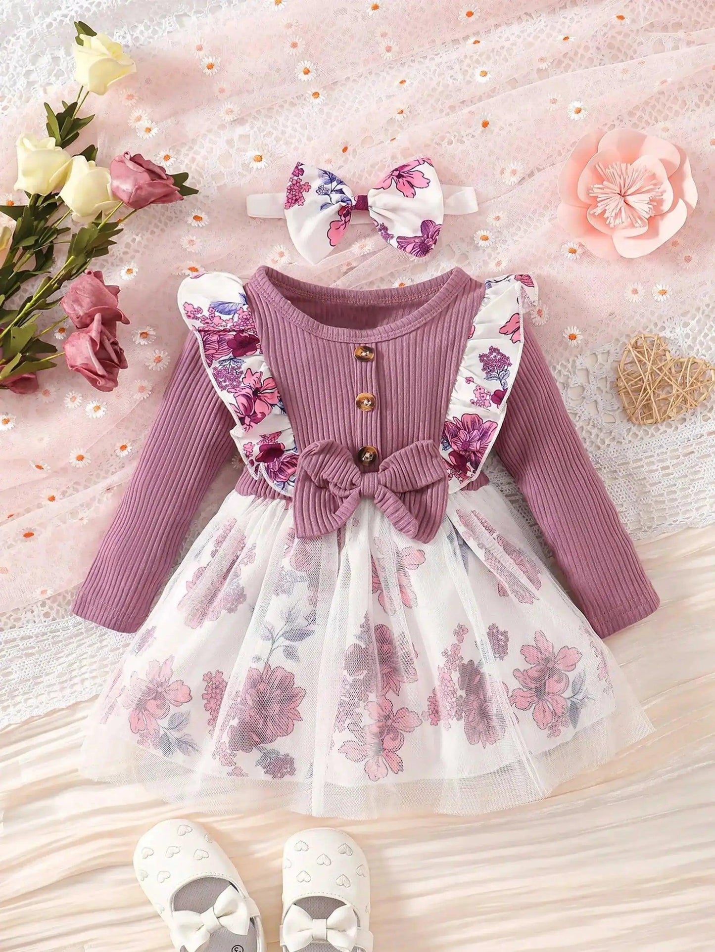  Baby Girl Long Sleeve Dress Purple Printed Soft Cotton -  ToylandEU™