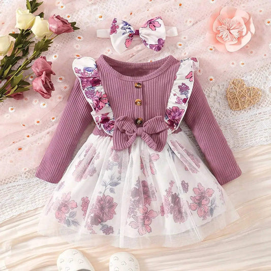  Baby Girl Long Sleeve Dress Purple Printed Soft Cotton -  ToylandEU™